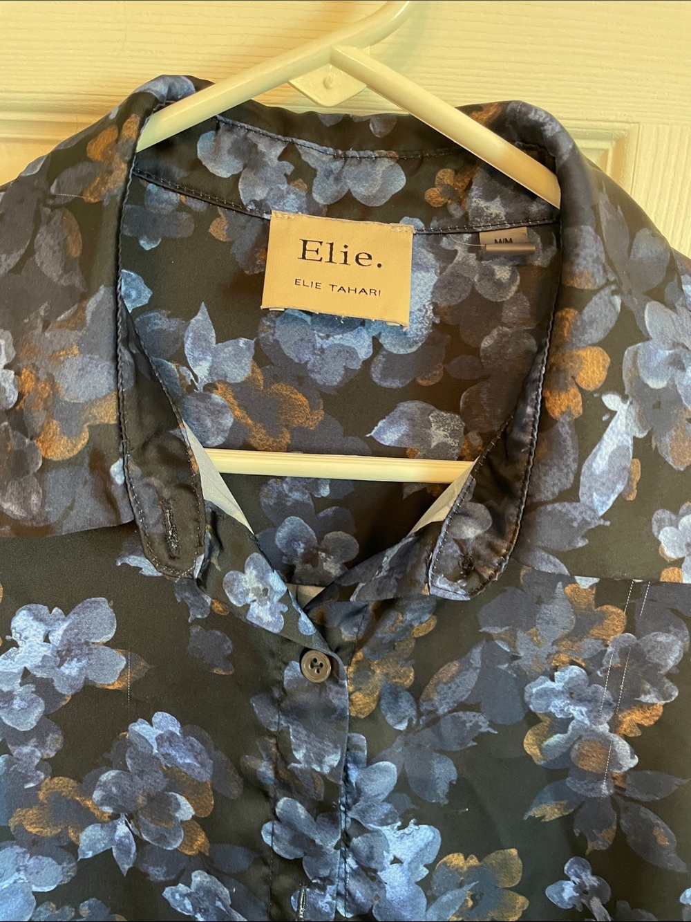Elie Tahari Black Button-Down Shirt with Blue and Gold Floral Print